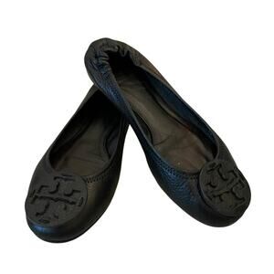 TORY BURCH Reva Scrunch Black Leather Ballet Flats Logo Women's Size US 8